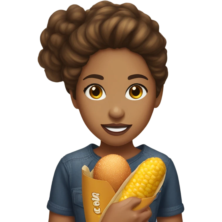 Girl with brown wavy hair  and olive skin tone and hazel eyes eating a corn dog emoji