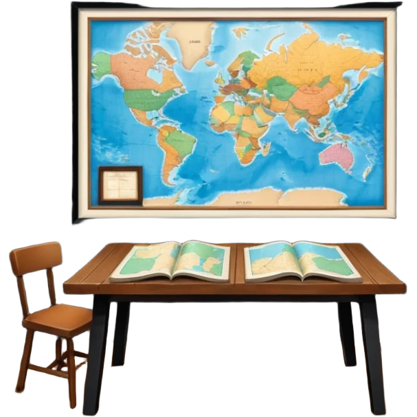 A dark room full of maps with table and over light ￼ emoji