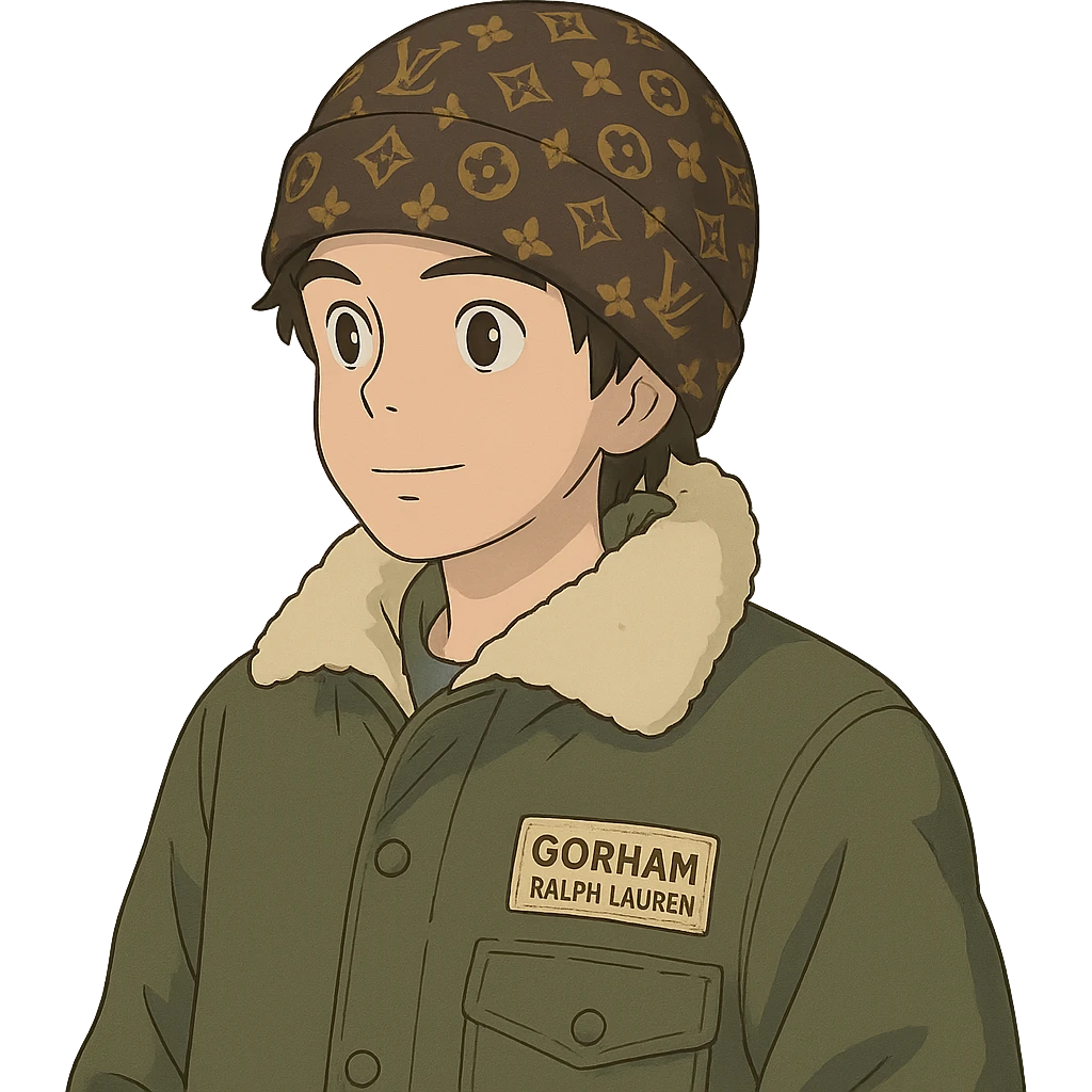 ghibli style young person wearing a Louis Vuitton beanie and a Ralph Lauren Gorham jacket emoji