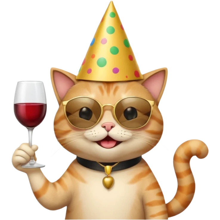 winking happy cat with a huge gold birthday hat, black sunglasses, and a wine glass emoji