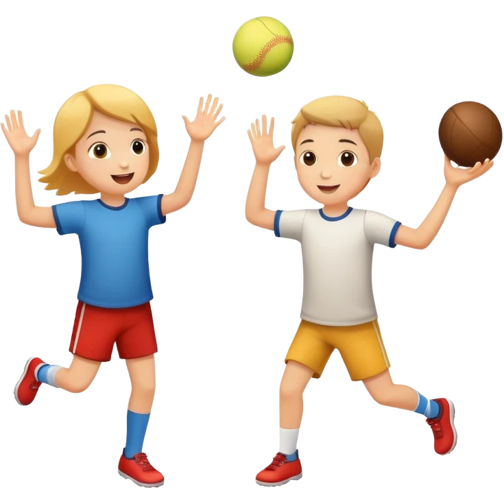 two children playing catch, throwing and catching a ball, happy and playful emoji