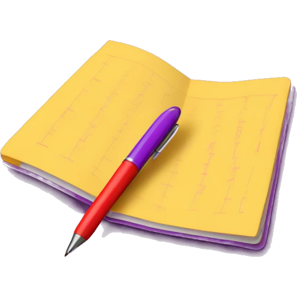 Purple notebook with checkered yellow pattern and a red pen emoji