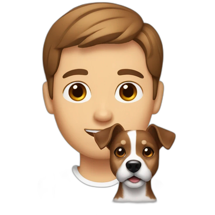 Man with modern cut brown hair with jack russell terrier dog emoji