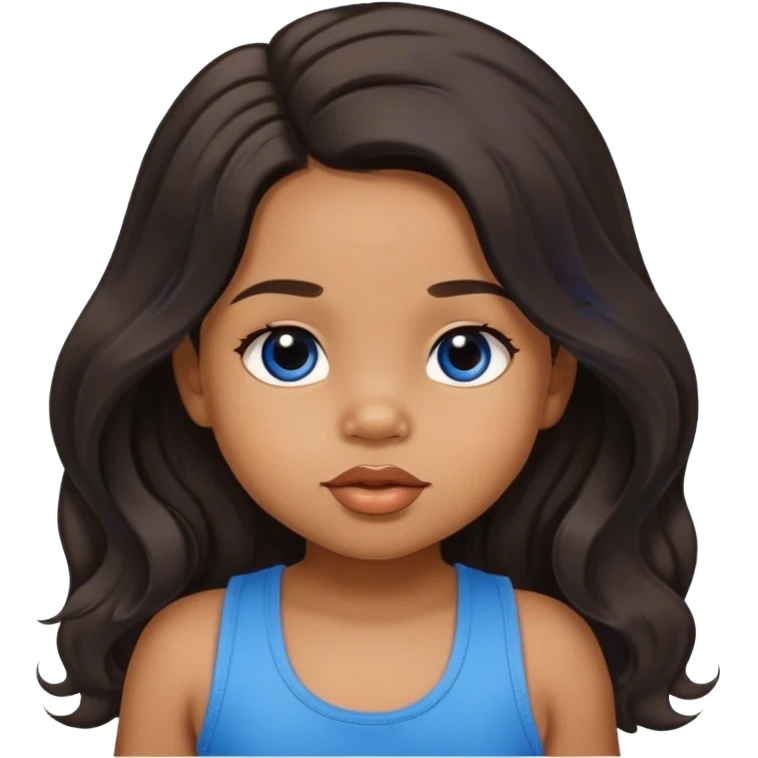 light brown skin tone, very adorable toddler, with big plump lips, long long lashes, black long wavy hair, middle hair parting, brown eyes, blue tank top emoji