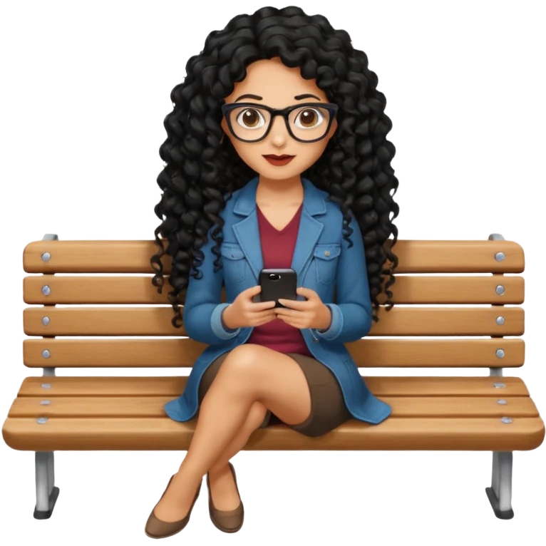 Bir bank uzerinde oturan siyah uzun kivircik sacli sexsi bir bayan gozunde gozluk elinde tlfnla yan oturmus ayak ayak ustune atmis bayan resmi emoji