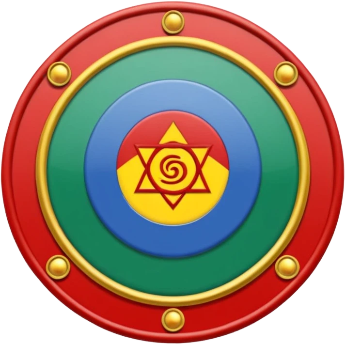 Drapeau avec deux parties coupés à l'horizontale partie du bas verte et celle du haut bleu, une roue des 16 chakra rouge est en plein centre c'est le drapeau de roms emoji