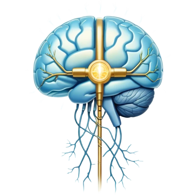 Ethereal pearlescent and light blue capsule in the foreground with a translucent brain positioned behind it, illuminated by golden electrical pulses forming a neural network. A small glowing liver symbol to the side, all surrounded by a mystical aura of mental focus and clarity emoji