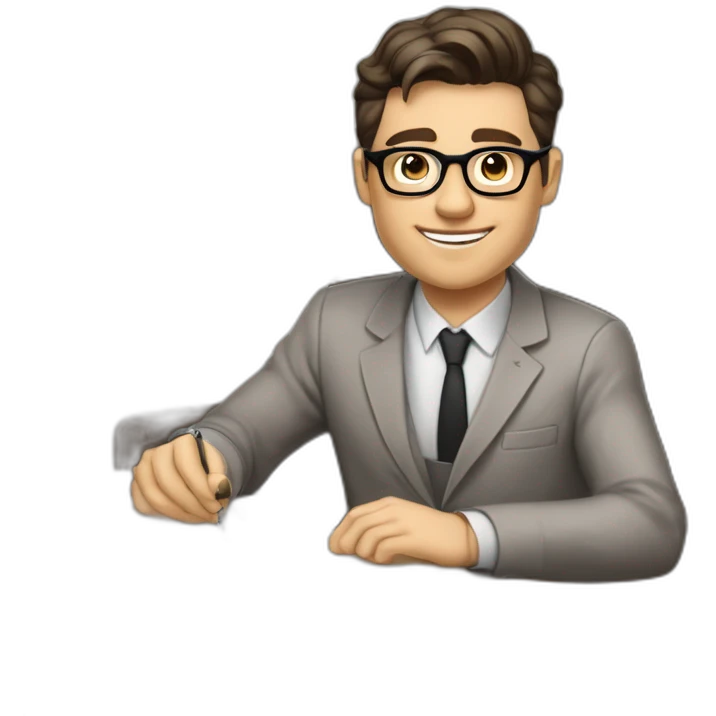 Pale skinned Fit Man With dark brown hair in gray jacket, beige office shirt and vintage glasses sitting In a soft chair with a notebook with emblem Ψ and a pen in his hands emoji
