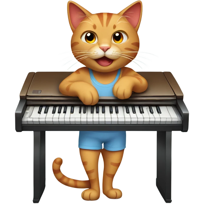 tan-red cat wearing a light-blue t-shirt taps musical keyboard emoji