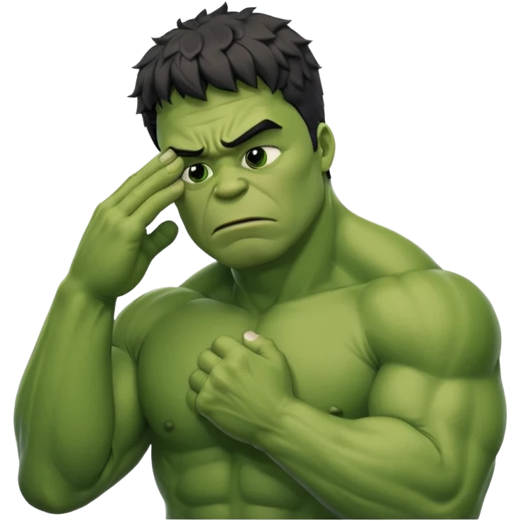 Create a man in a Hulk costume with his hand on his forehead and eyes closed (disappointment) emoji