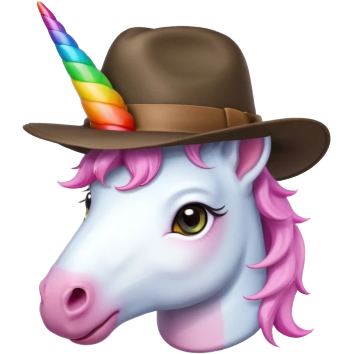 unicorn face cute wearing fedora, horn piercing through the hat emoji