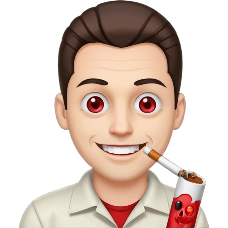 A white man with dark brown hair in a ponytail, oversized bloodshot eyes, grinning, smoking a long spliff  emoji