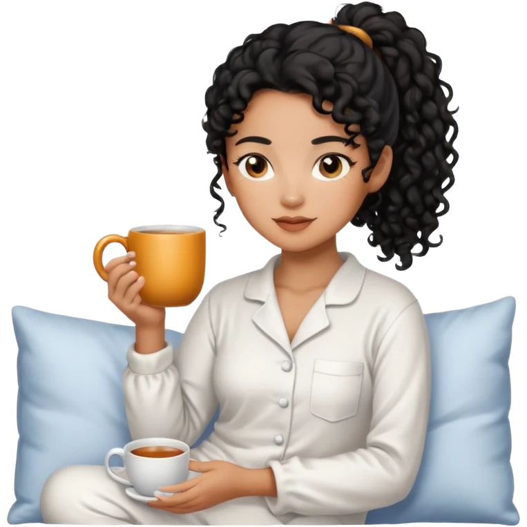 Mixed-race woman with caramel skin, black curly hair in a ponytail, wearing white pajamas, holding a steaming mug of tea emoji