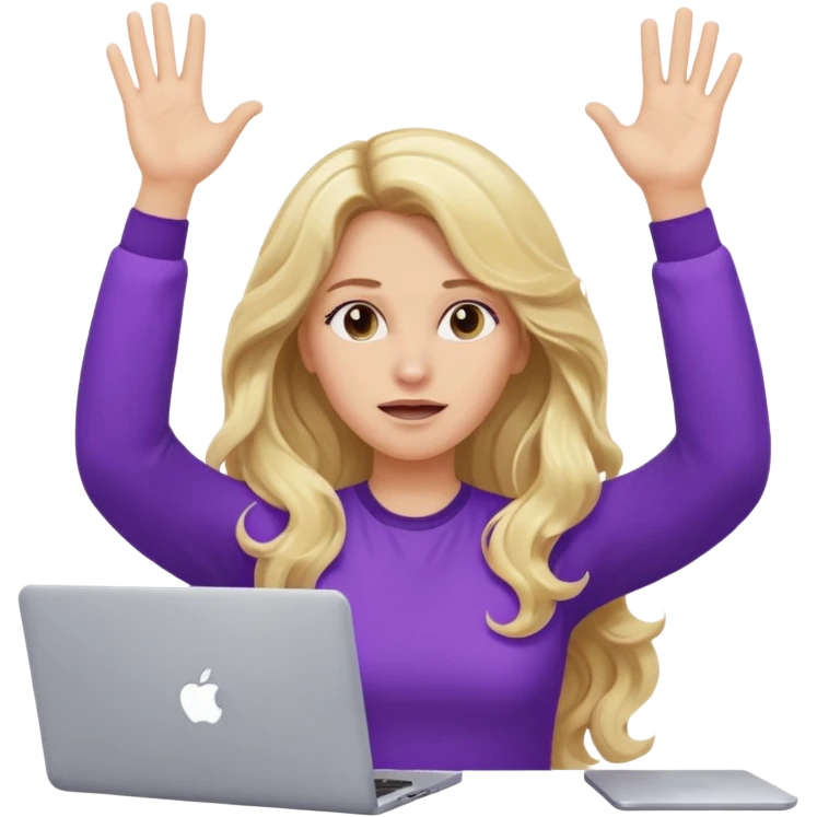 lady with long blonde wavy hair, purple top throwing her with a laptop looking exhausted emoji