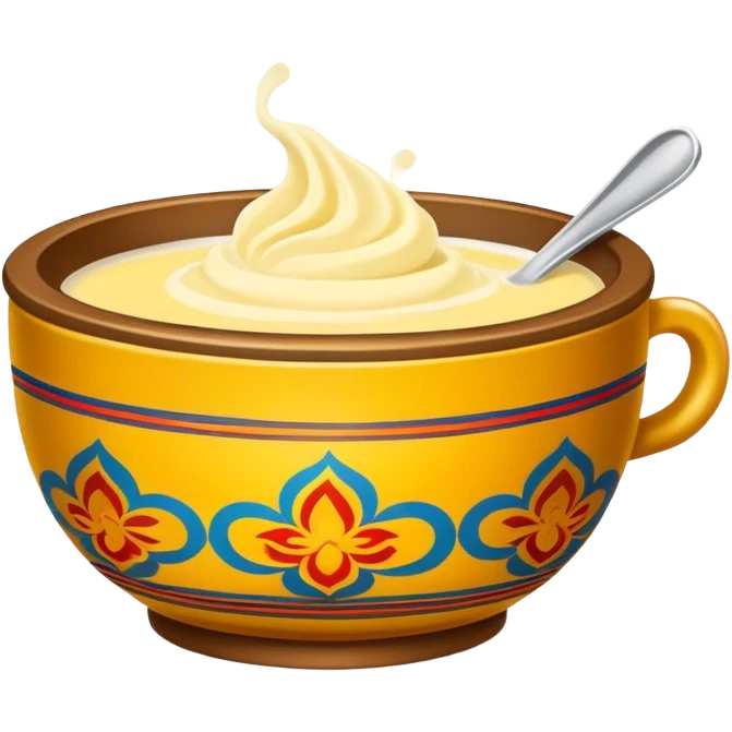Tibetan butter tea in traditional bowl, simplified emoji style with bold outlines and bright colors, cartoon style creamy yak butter drink emoji