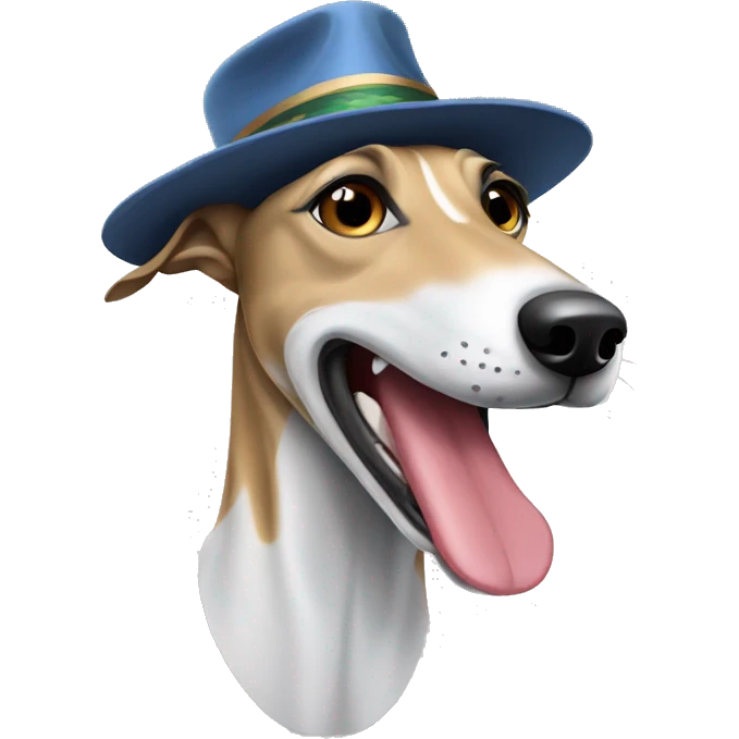 A greyhound dog smiles in a hat emoji