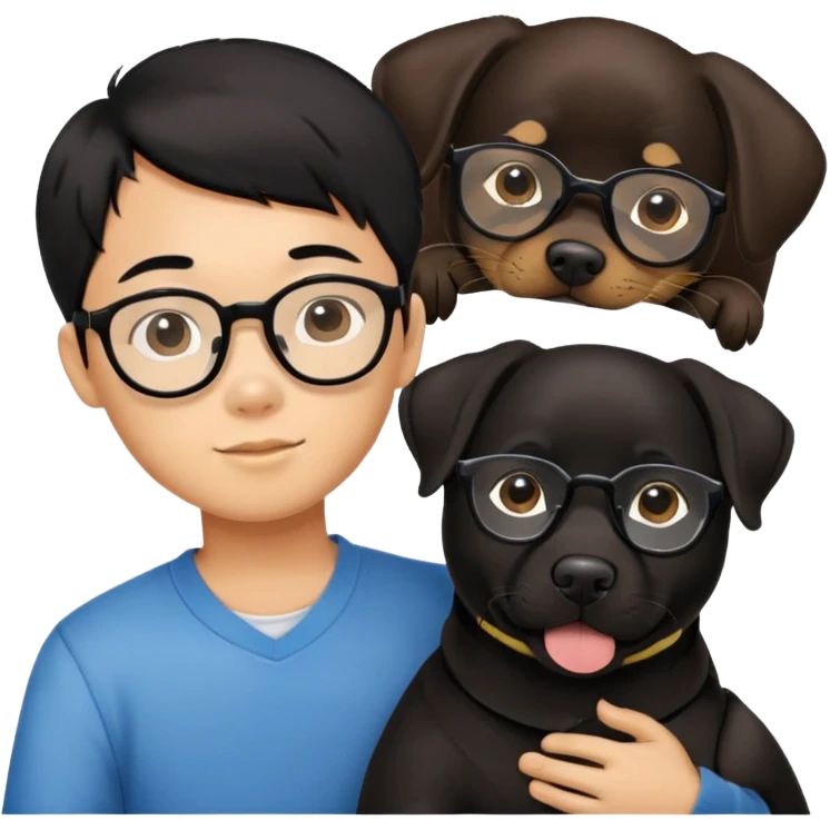 A Chinese black haired boy with black glasses holding one Labrador Retriever emoji