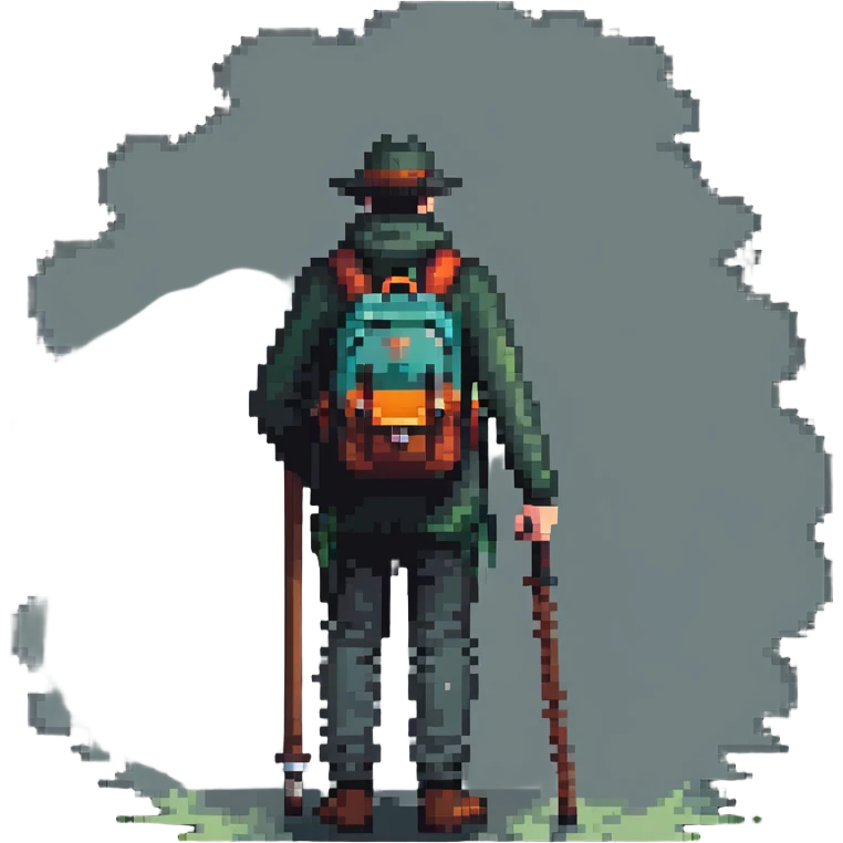 detailed man with visible face and full body standing in mist, wanderer with backpack and walking stick emoji