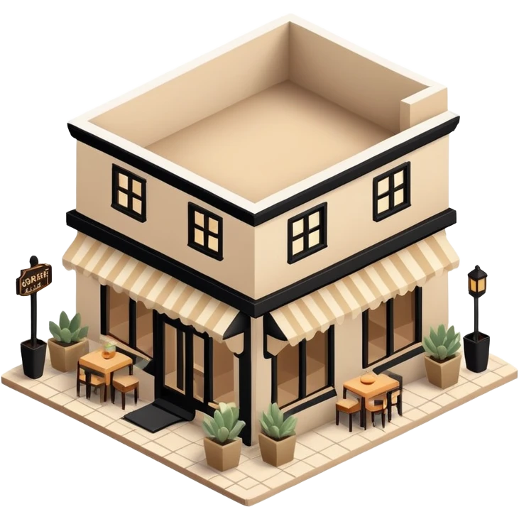 Isometric exterior little black, beige, and white southwestern restaurant, dollhouse style 3D realistic  emoji