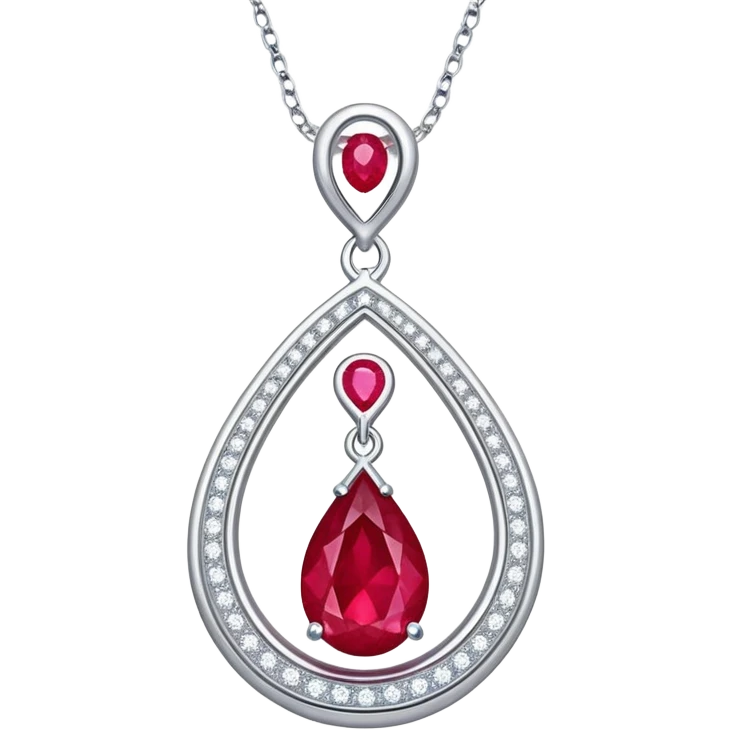 teardrop ruby pendant with silver chain, glowing cosmic embryo inside, swirling stardust emoji