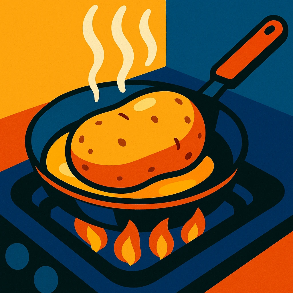 vibrant illustration of a potato being heated in a frying pan emoji