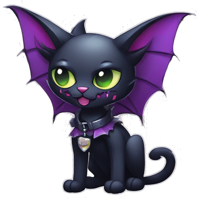  cool edgy kawaii ethereal dark-punk-themed animal vampiric cat-hybrid Fakemon with fangs and bat-wing-ears with a collar full body emoji