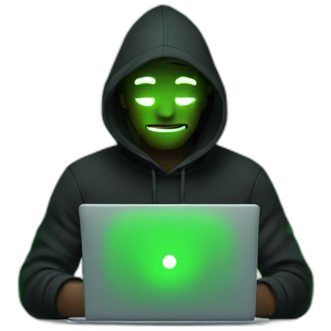 a man wearing a black hoodie behind a laptop screen projecting green light on him emoji