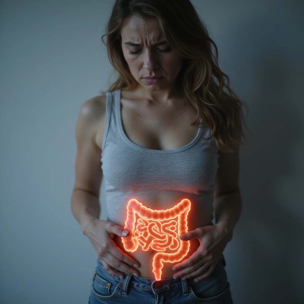 hyperrealistic 4K image of a woman with autoimmune disease, tired and suffering face, hand on abdomen, expression of pain, inflamed intestine highlighted with transparent effect or overlaid anatomical illustration, clinical environment emoji