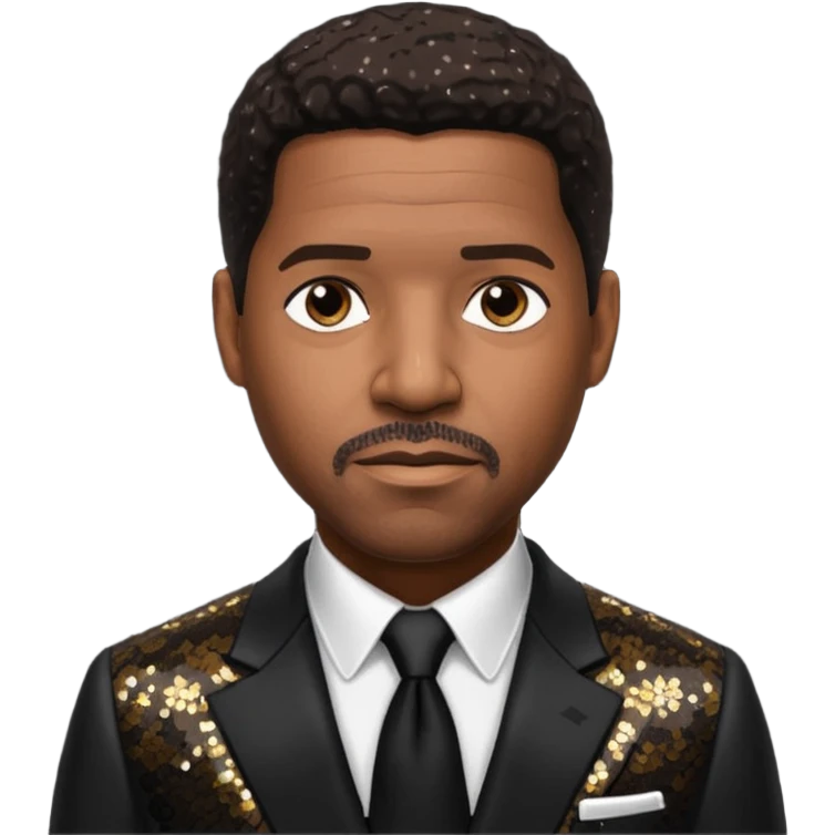 Denzel Washington with dark brown hair, black sequin suit emoji