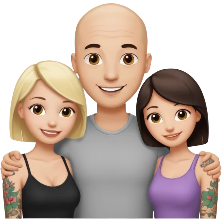 throuple tatted bald boyfriend with blonde girl friend and brunette girlfriend emoji