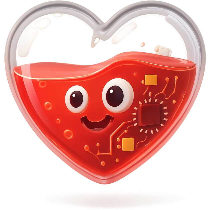 fun cartoon heart, transparent with a glossy finish, half filled with vivid red liquid, outlined emoji