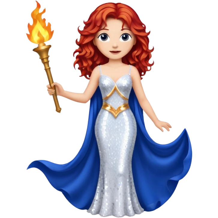 Torch Lady from Film Studios with red wavy hair, white sequin gown, royal blue sequin drape, holding torch emoji