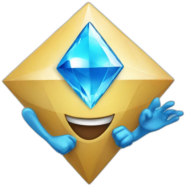 A blue brilliant diamond character with a funny face near the finish line emoji