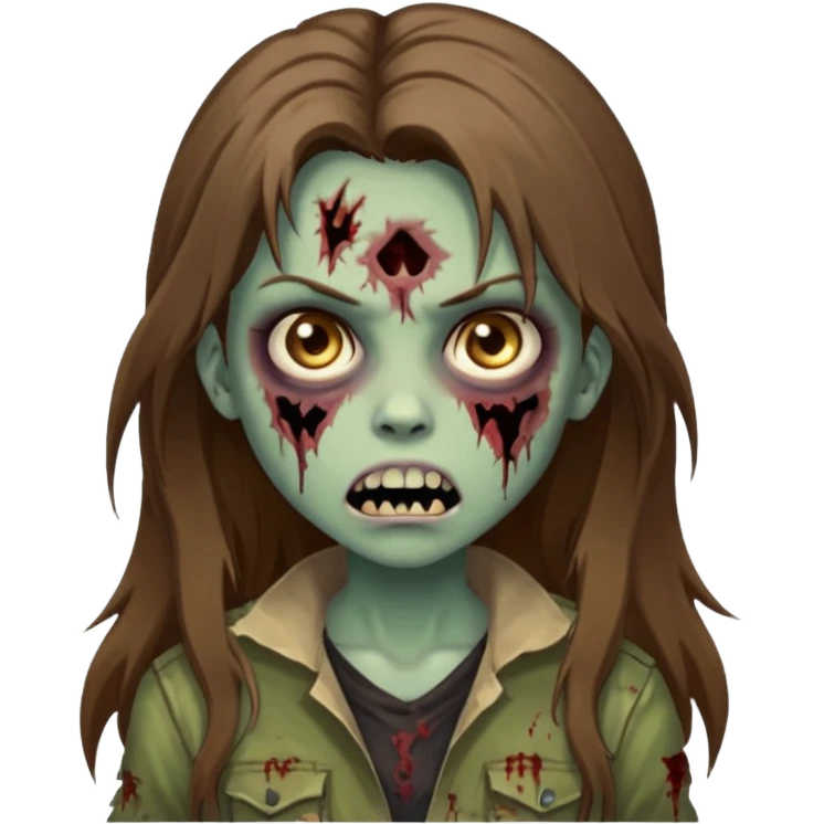 Girl zombie with brown long hair with teeth and serious face iPhone emoji emoji
