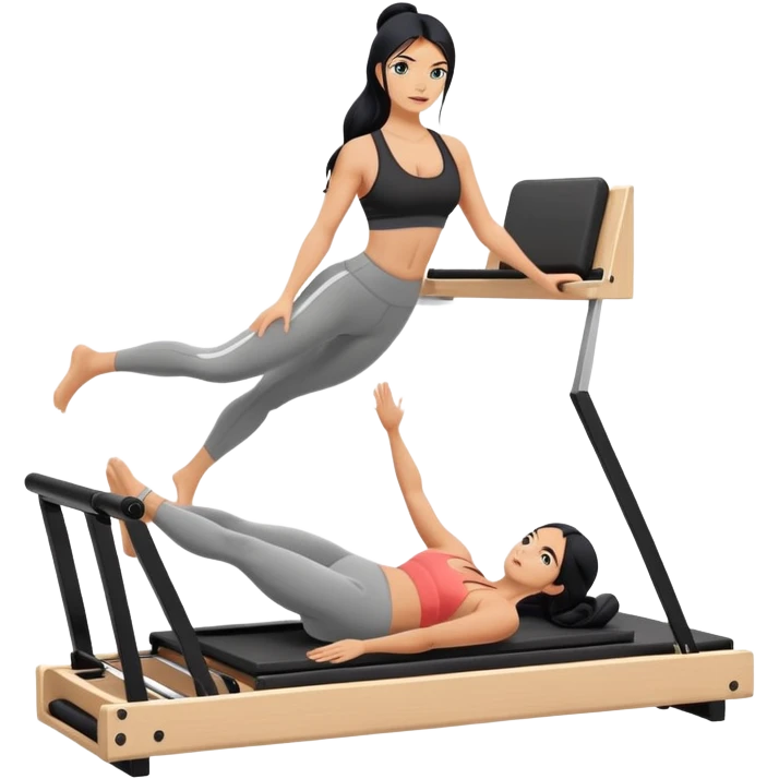 woman with tanned skin, long black hair, wearing a sports bra, doing Pilates on a reformer machine emoji