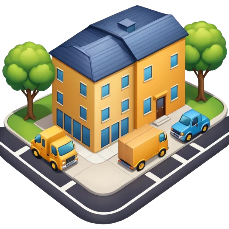 top view of a truck, package, house, and company building side by side, connected by street lines, clear background, apple emoji style emoji