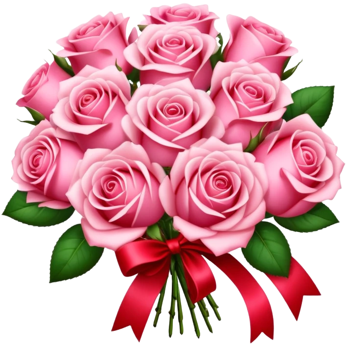 A sparkly romantic beautiful cute pretty aesthetic soft-pink rose bouquet with a red ribbon emoji