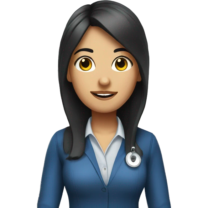 girl recepcionist with black hair and blue vest, body complete emoji