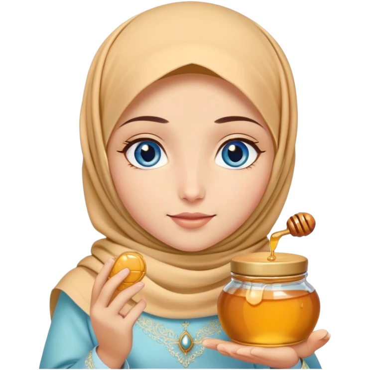 Turkish beautiful finish Konya girl blue eyes with honey pastel hijab islamic dress and had on her hand honey emoji