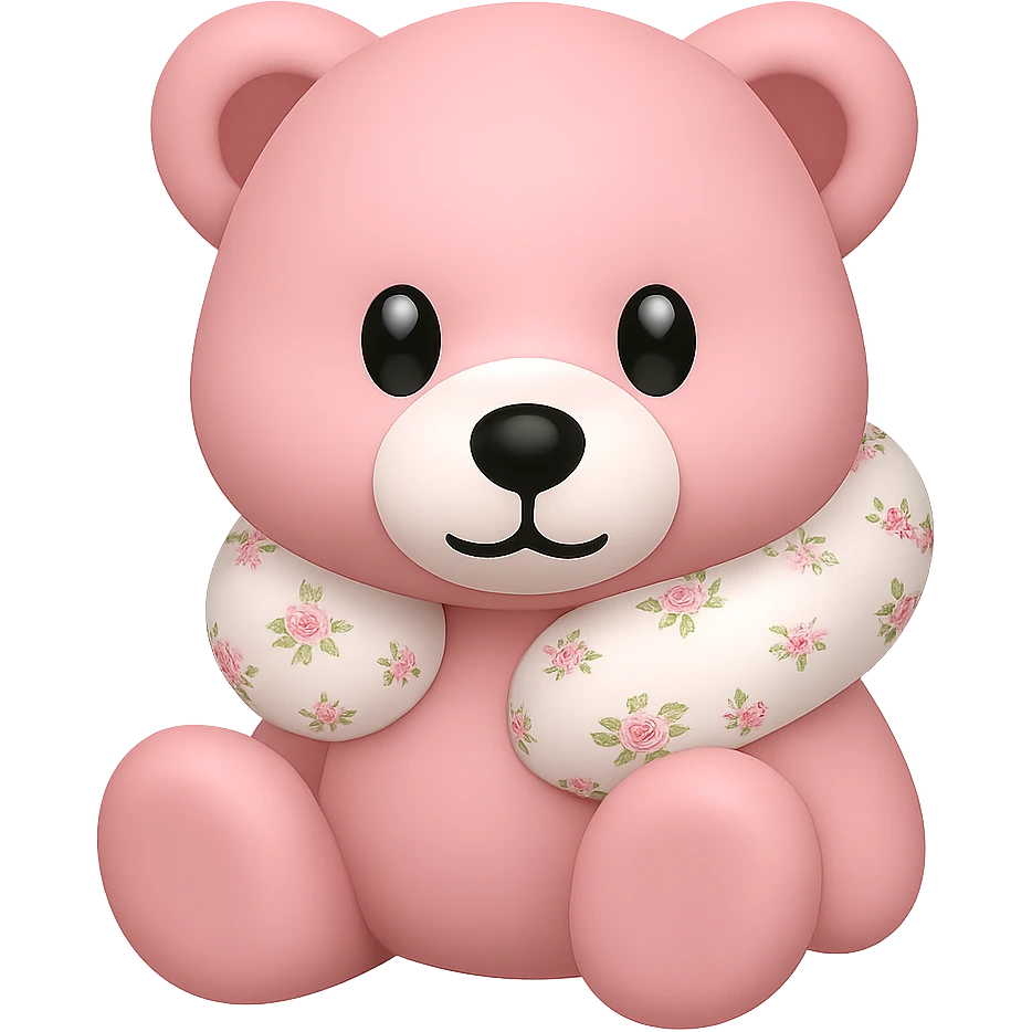 Create an iPhone emoji style pink teddy bear with a floral neck pillow. The bear is sitting, simple and cute, with a transparent background. Maintain the iPhone emoji style look. emoji