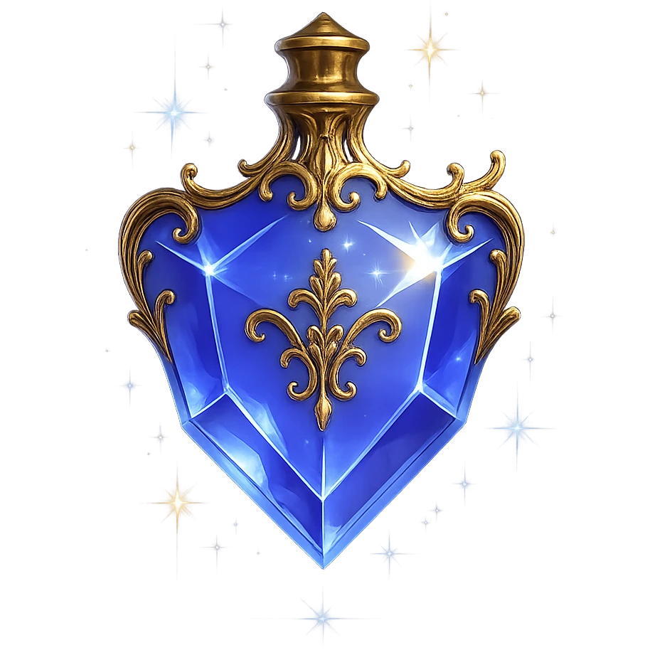 very luxurious crystal elixir bottle in shield shape, color #7986cb, lots of shining, edges, ornaments, golden details, magical effects, very small golden neck, transparent background, beautiful seamless base, bottle clearly floating in air, no base or shadow, premium class, modern, matching the collection emoji