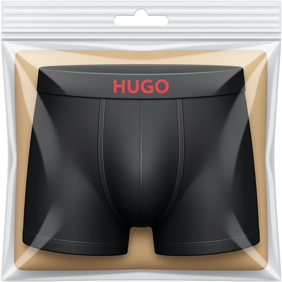 3D render of black HUGO boxer briefs folded inside clear vacuum zip-lock bag with tan card liner. Visible red logo. emoji
