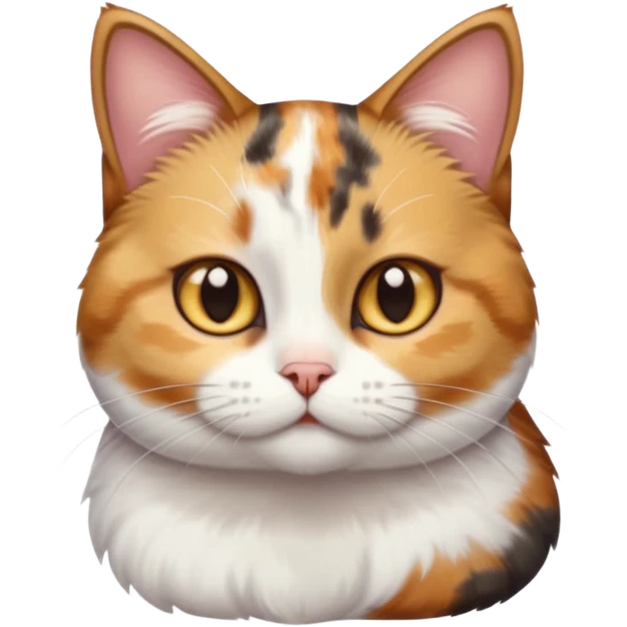 torbie and white cat with small head, hazel eyes, and short but chubby body emoji