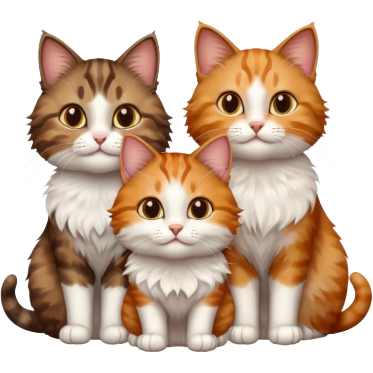 3 cats different colours including brown tabby and white, calico, and ginger and white emoji