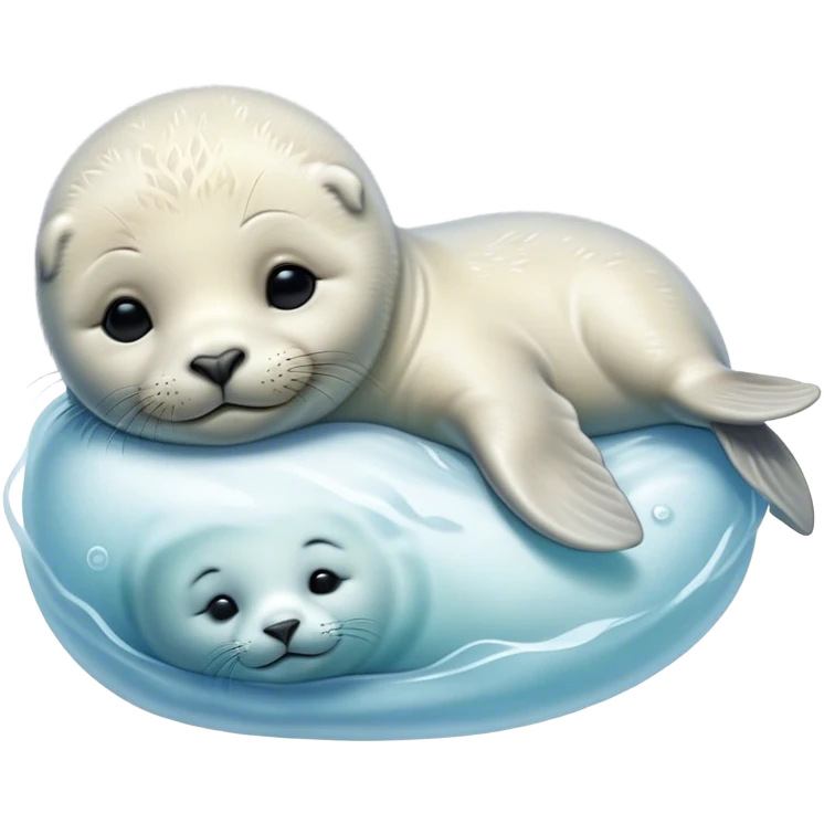 Beautiful and Majestic Baby Seal Portrait Emoji, Head and body resting serenely with a gentle, content smile, showcasing a soft, cuddly form with tender, glistening fur and eyes peacefully closed in a tranquil slumber, Simplified yet exquisitely endearing features, highly detailed, glowing with a soft, radiant polar light, high shine, serene and utterly lovable, stylized with an air of regal innocence, soft glowing outline, capturing the essence of a beautiful and majestic baby seal that embodies the quiet wonder of arctic serenity! emoji