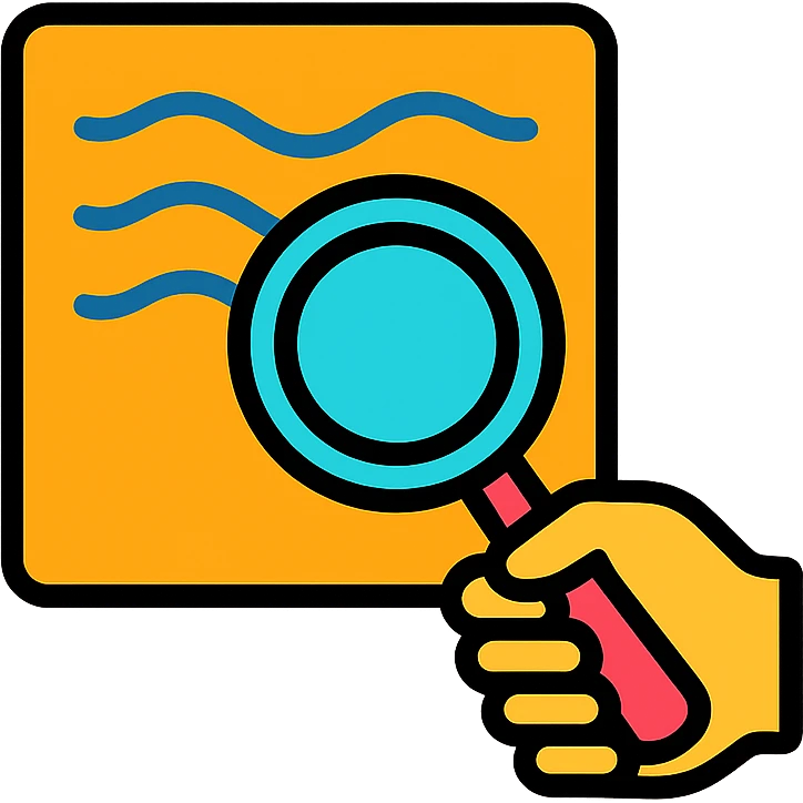 a hand with a magnifying glass over a piece of fabric, colorful outlined icon style emoji