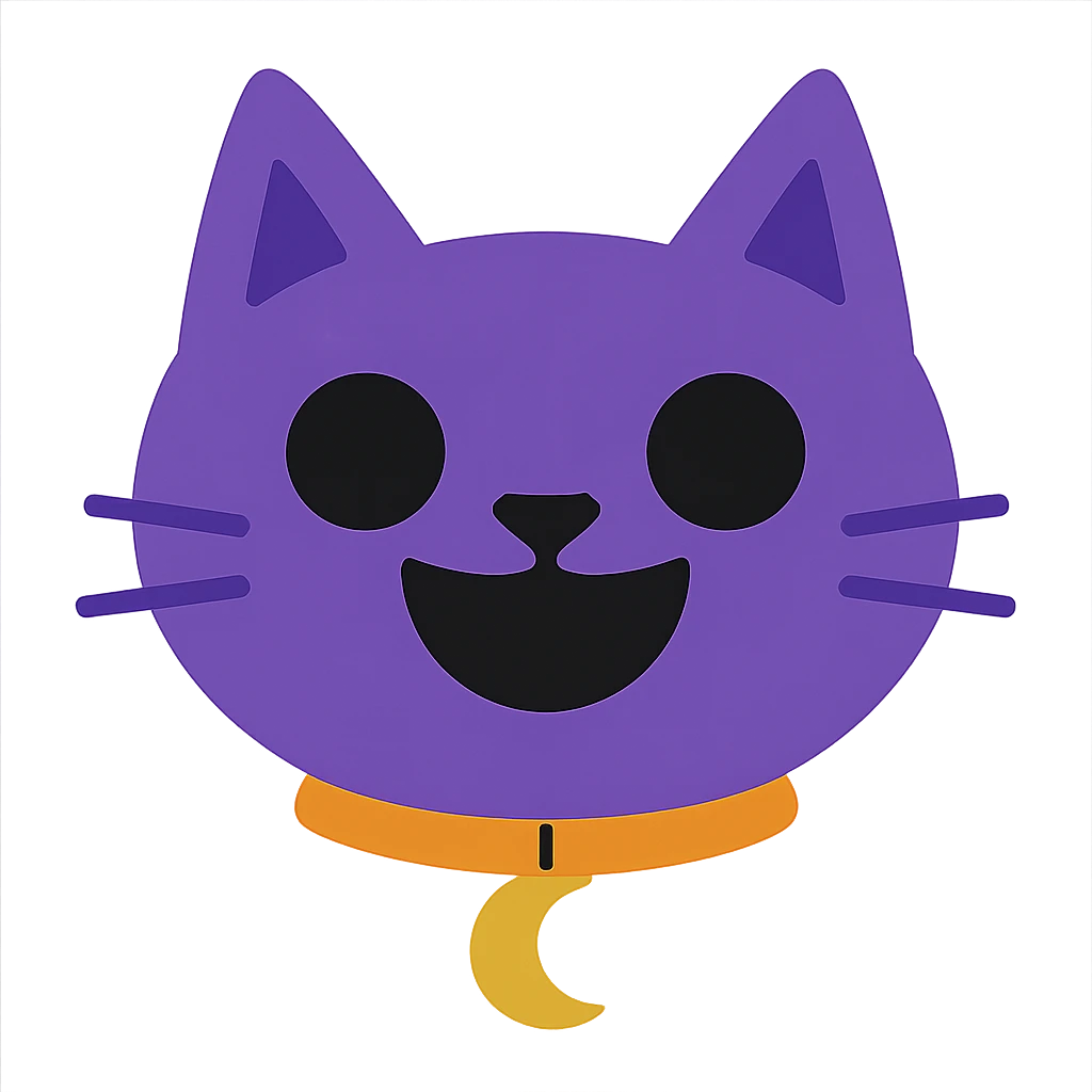 Create an image of just the head of a purple cat with black eyes, a wide open black smile with no teeth, and a visible gold moon pendant. The background should be removed, leaving only the cat's head and pendant visible. emoji