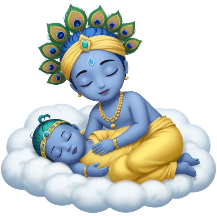 baby Krishna emoji, blue skin, sleeping peacefully on a cloud, wearing yellow clothes, peacock feather in hair emoji