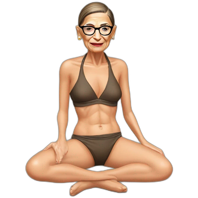 sexy ruth bader ginsburg wearing a string bikini bottoms bare chest (full body, ios17, sitting indian style on the ground, legs apart) emoji