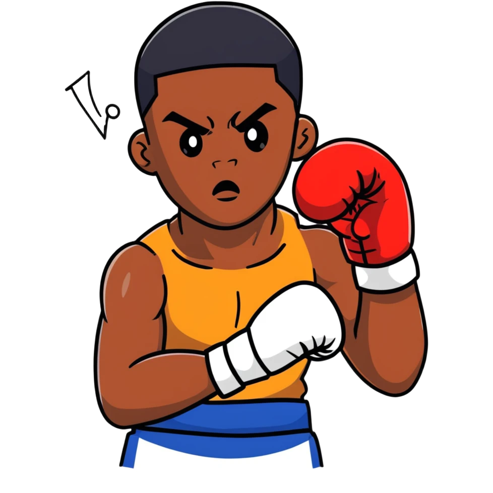 Close-up face of a young 19-year-old Black male boxer, intense gaze, boxing gloves slightly visible emoji